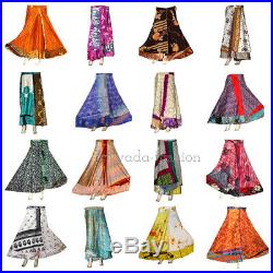 30 PC Vintage Silk Sari Magic Wrap Around Frill Skirt Dress Wholesale Lot Indian