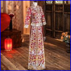 Embroidery Phoenix Dragon Chinese Wedding Dress Long Clothes Cheongsam Qipao