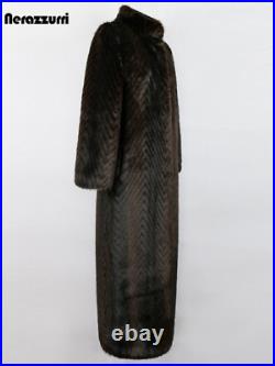 Extra Long Warm Luxury Elegant Striped Fluffy Faux Mink Fur Coat Stand Collar