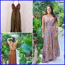 Indian Vintage Sari Silk Backless Maxi Beach Boho Gypsy Dress Wholesale of 10 Pc