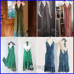 Indian Vintage Sari Silk Backless Maxi Beach Boho Gypsy Dress Wholesale of 10 Pc