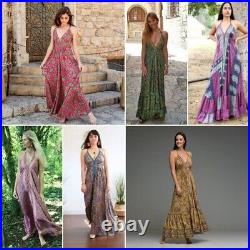 Indian Vintage Sari Silk Backless Maxi Beach Boho Gypsy Dress Wholesale of 10 Pc