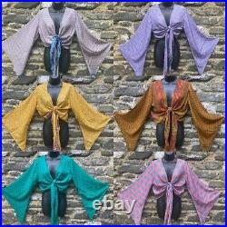 Wholesale 10 Pc Indian Vintage Silk Sari Bell Sleeve Crop Top Retro 60s Clothing