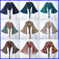 Wholesale 10 Pc Indian Vintage Silk Sari Bell Sleeve Crop Top Retro 60s Clothing