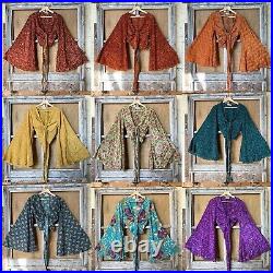 Wholesale 10 Pc Indian Vintage Silk Sari Bell Sleeve Crop Top Retro 60s Clothing