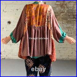 Wholesale 10Pc Indian Vintage Recycled Sari Silk Women Smock Shirt Top 60s Cloth