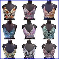 Wholesale 15 PC Of Indian Vintage Silk Sari Halter Crop Tops Retro 60s Clothing