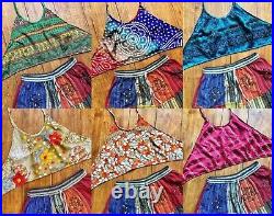 Wholesale 15 PC Of Indian Vintage Silk Sari Halter Crop Tops Retro 60s Clothing