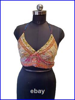 Wholesale 15 PC Of Indian Vintage Silk Sari Halter Crop Tops Retro 60s Clothing