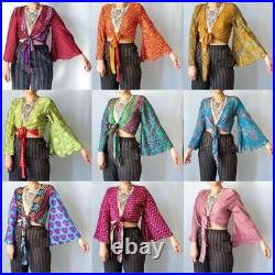 Wholesale 15 Pc Indian Vintage Silk Sari Bell Sleeve Crop Top Retro 60s Clothing
