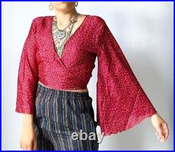 Wholesale 15 Pc Indian Vintage Silk Sari Bell Sleeve Crop Top Retro 60s Clothing