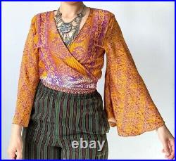 Wholesale 15 Pc Indian Vintage Silk Sari Bell Sleeve Crop Top Retro 60s Clothing