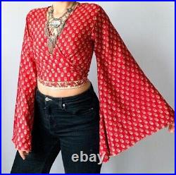 Wholesale 15 Pc Indian Vintage Silk Sari Bell Sleeve Crop Top Retro 60s Clothing