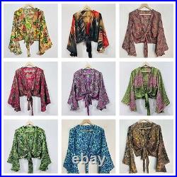 Wholesale 15 Pcs Indian Silk Bell Sleeve Tie Front Hippie Flower Boho Wrap Top