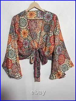 Wholesale 15 Pcs Indian Silk Bell Sleeve Tie Front Hippie Flower Boho Wrap Top