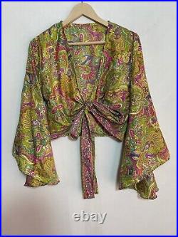 Wholesale 15 Pcs Indian Silk Bell Sleeve Tie Front Hippie Flower Boho Wrap Top