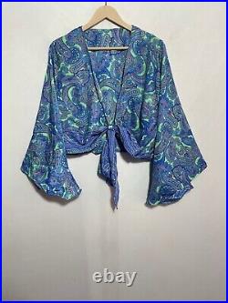 Wholesale 15 Pcs Indian Silk Bell Sleeve Tie Front Hippie Flower Boho Wrap Top