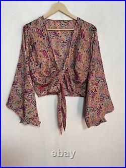 Wholesale 15 Pcs Indian Silk Bell Sleeve Tie Front Hippie Flower Boho Wrap Top