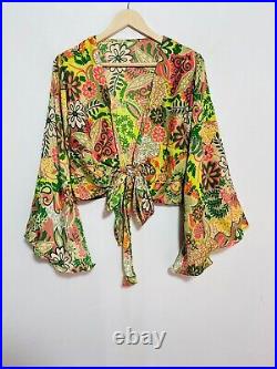 Wholesale 15 Pcs Indian Silk Bell Sleeve Tie Front Hippie Flower Boho Wrap Top