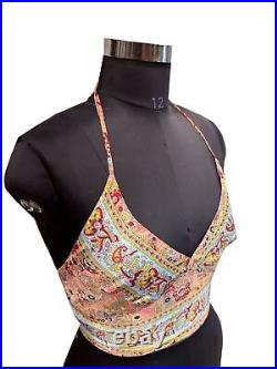 Wholesale 20 PC Of Indian Vintage Silk Sari Halter Crop Tops Retro 60s Clothing
