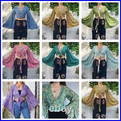 Wholesale 20 Pc Indian Vintage Silk Sari Bell Sleeve Crop Top Retro 60s Clothing