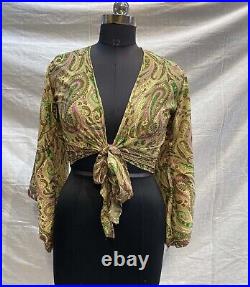 Wholesale 20 Pc Indian Vintage Silk Sari Bell Sleeve Crop Top Retro 60s Clothing