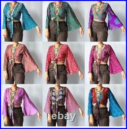Wholesale Indian Vintage Silk Sari Bell Sleeve Crop Top Retro 60s Clothing 15Pc