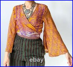 Wholesale Indian Vintage Silk Sari Bell Sleeve Crop Top Retro 60s Clothing 15Pc