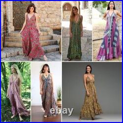 Wholesale Lot Indian Vintage Sari Silk Maxi Boho Gypsy Hippie Halter dress 5pcs