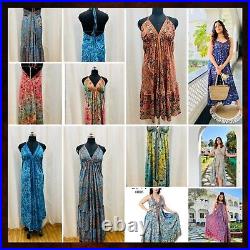 Wholesale Lot Indian Vintage Sari Silk Maxi Boho Gypsy Hippie Halter dress 5pcs