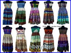 Wholesale Lot Vintage 7 Layer Silk Sari Dress Recycled Tiered Boho Sundress