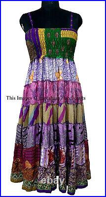 Wholesale Lot Vintage 7 Layer Silk Sari Dress Recycled Tiered Boho Sundress