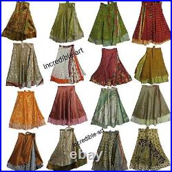 Wholesale Lot Vintage Silk Long Sari Recycled Magic Wrap Around Skirts 2 Layer