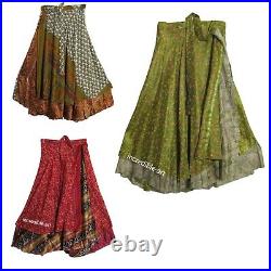 Wholesale Lot Vintage Silk Long Sari Recycled Magic Wrap Around Skirts 2 Layer