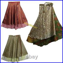 Wholesale Lot Vintage Silk Long Sari Recycled Magic Wrap Around Skirts 2 Layer