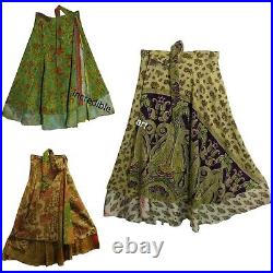 Wholesale Lot Vintage Silk Long Sari Recycled Magic Wrap Around Skirts 2 Layer