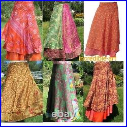 Wholesale Lot Vintage Silk Long Sari Recycled Magic Wrap Around Skirts 2 Layer