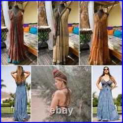 Wholesale Lots Silk Printed Sari dress Helter dress Multi color Bohemian Gypsy