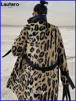 Winter Long Leopard Print Warm Fluffy Faux Fur Trench Coat for Double Breasted
