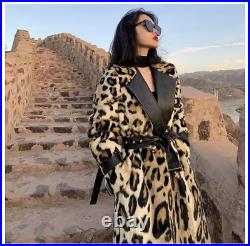 Winter Long Leopard Print Warm Fluffy Faux Fur Trench Coat for Double Breasted