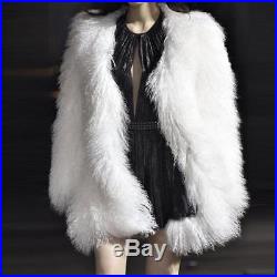 Women's MONGOLIAN Lamb Curl Fur Long Coat Nice Whole Sale Jacket Black Color L