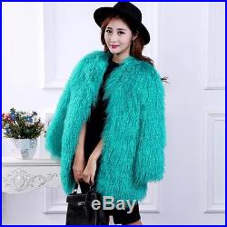 Women's MONGOLIAN Lamb Curl Fur Long Coat Nice Whole Sale Jacket Black Color L